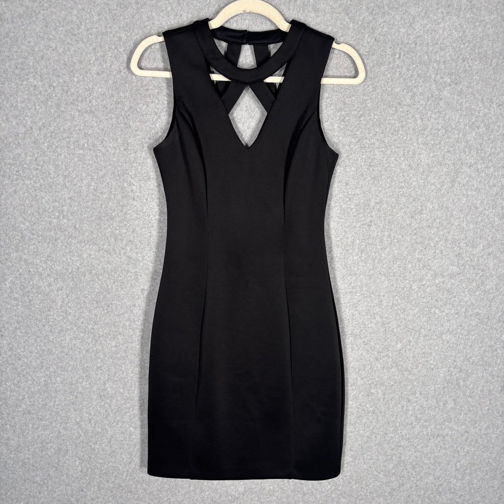 Guess Bodycon Mini Dress 4 Black Criss Cross Lattice Cutout Strappy Back LBD